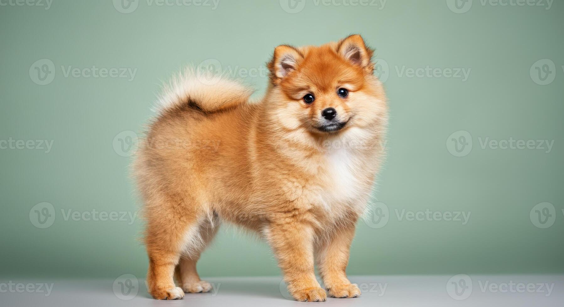 Adorable pomeranian puppy on green background for pet-themed designs and promotions photo