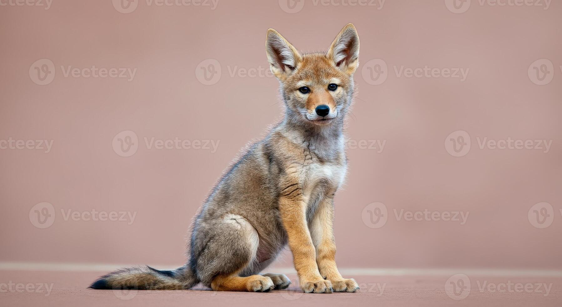 Adorable young coyote pup sitting against soft pink background for nature and wildlife appreciation design photo