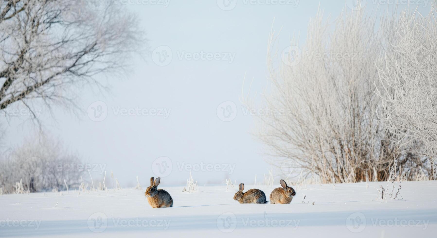 Winter scene with three rabbits in a snowy landscape photo