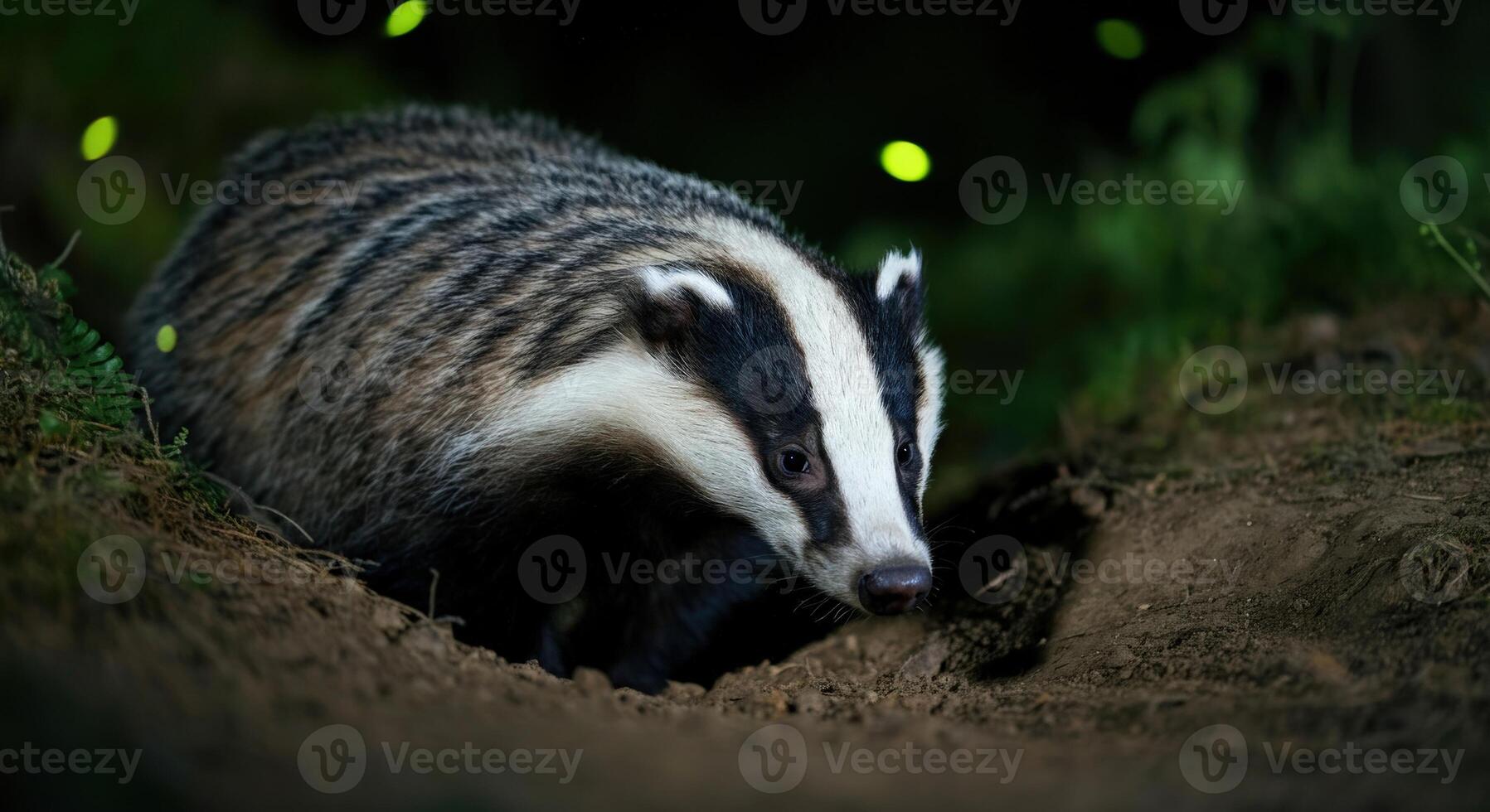 Nocturnal badger in natural habitat surrounded by fireflies in woodland setting photo