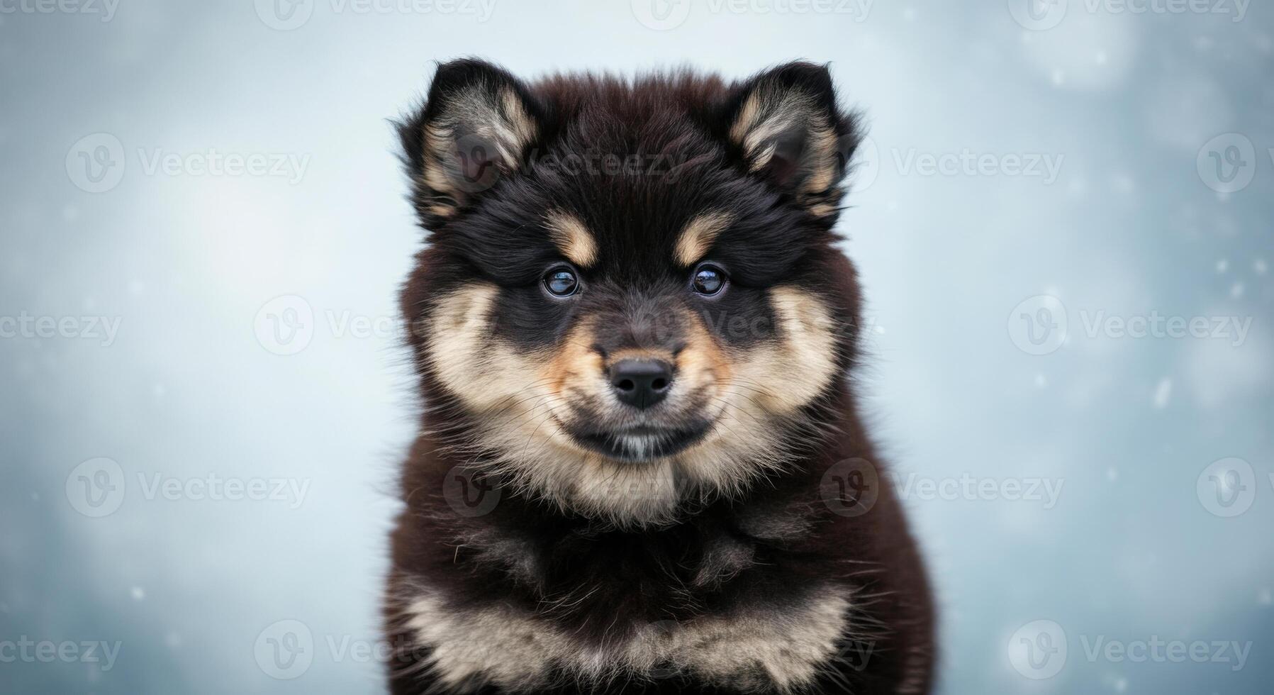 Adorable fluffy puppy in winter snowflakes perfect for holiday print and greeting card design photo