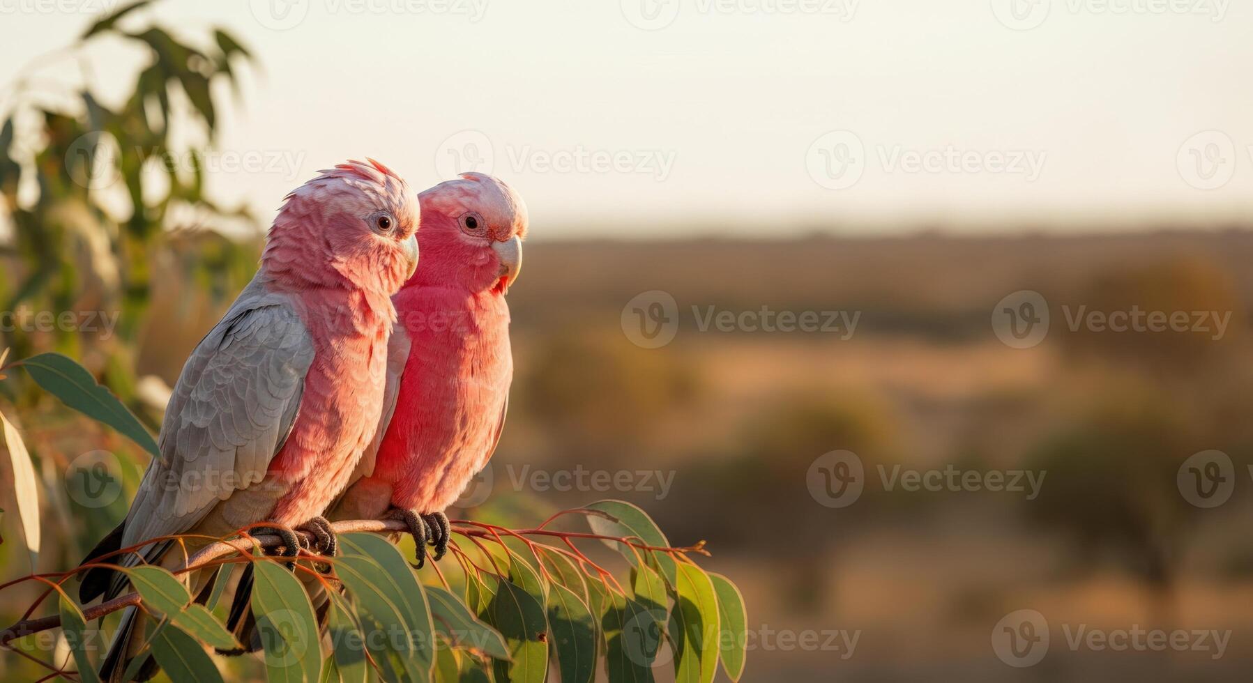 Pair of pink galahs perched on eucalyptus branch in serene natural habitat photo