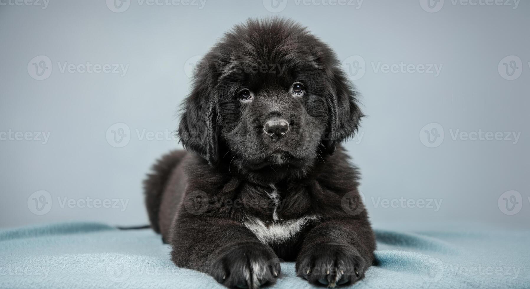 Adorable newfoundland puppy resting on soft blue blanket for pet-themed design or animal care promotion photo