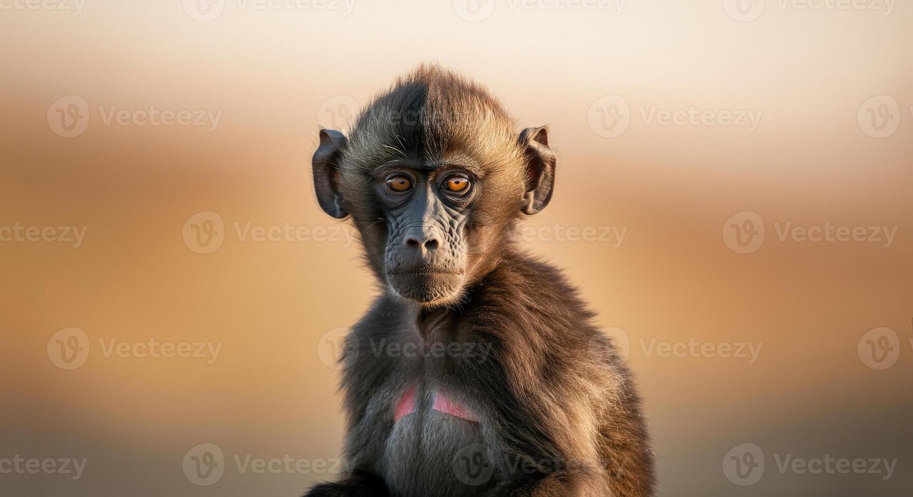 Portrait of a young mandrill in natural habitat highlighting primate expressions and wilderness photo
