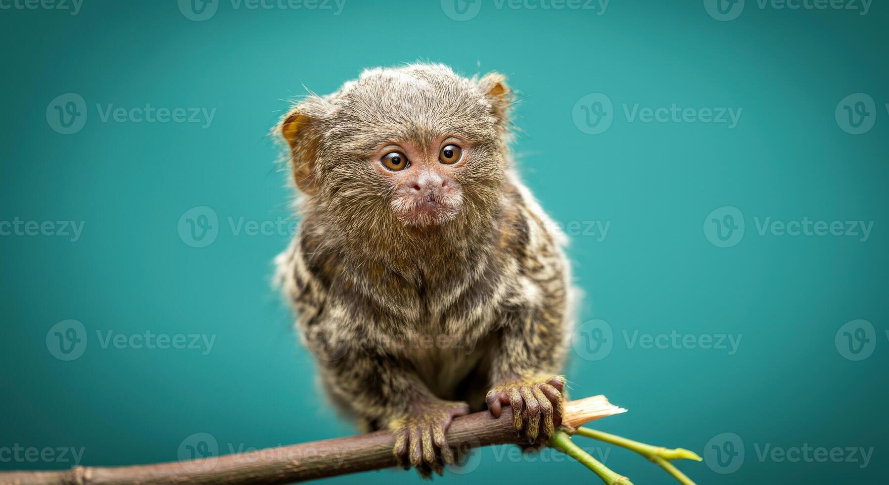 Pygmy marmoset perched on branch against teal background for wildlife enthusiasts photo