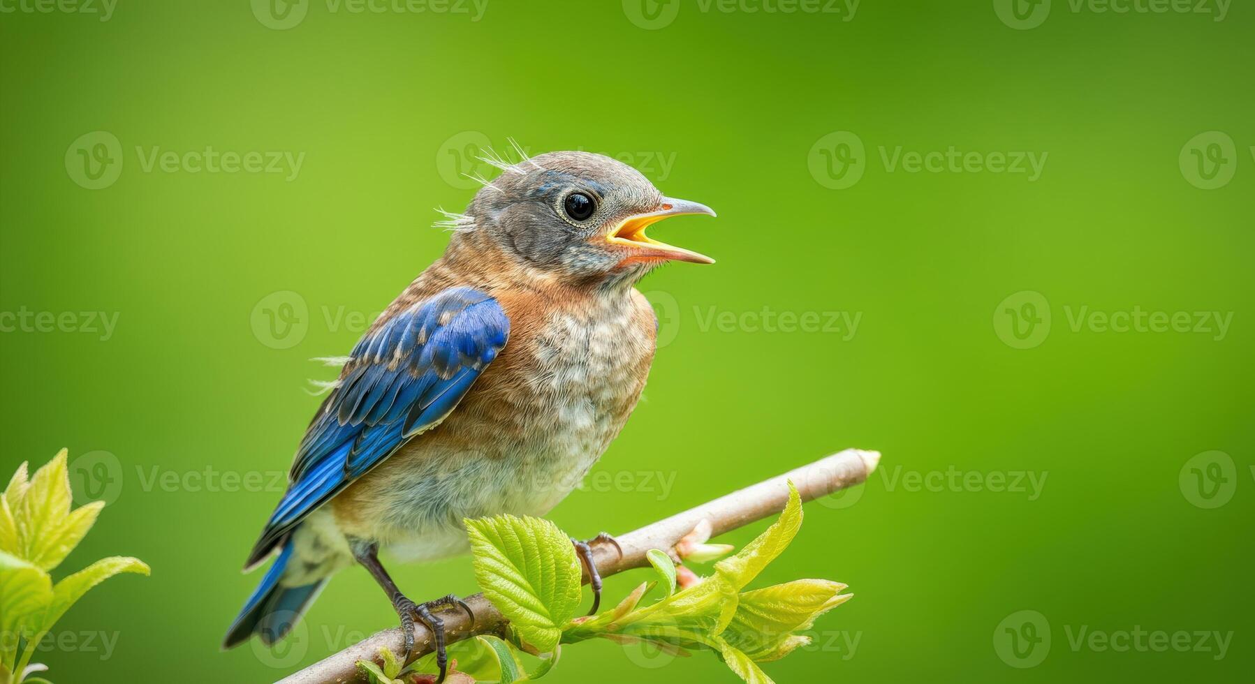 Young bluebird singing on a branch in lush greenery environment photo