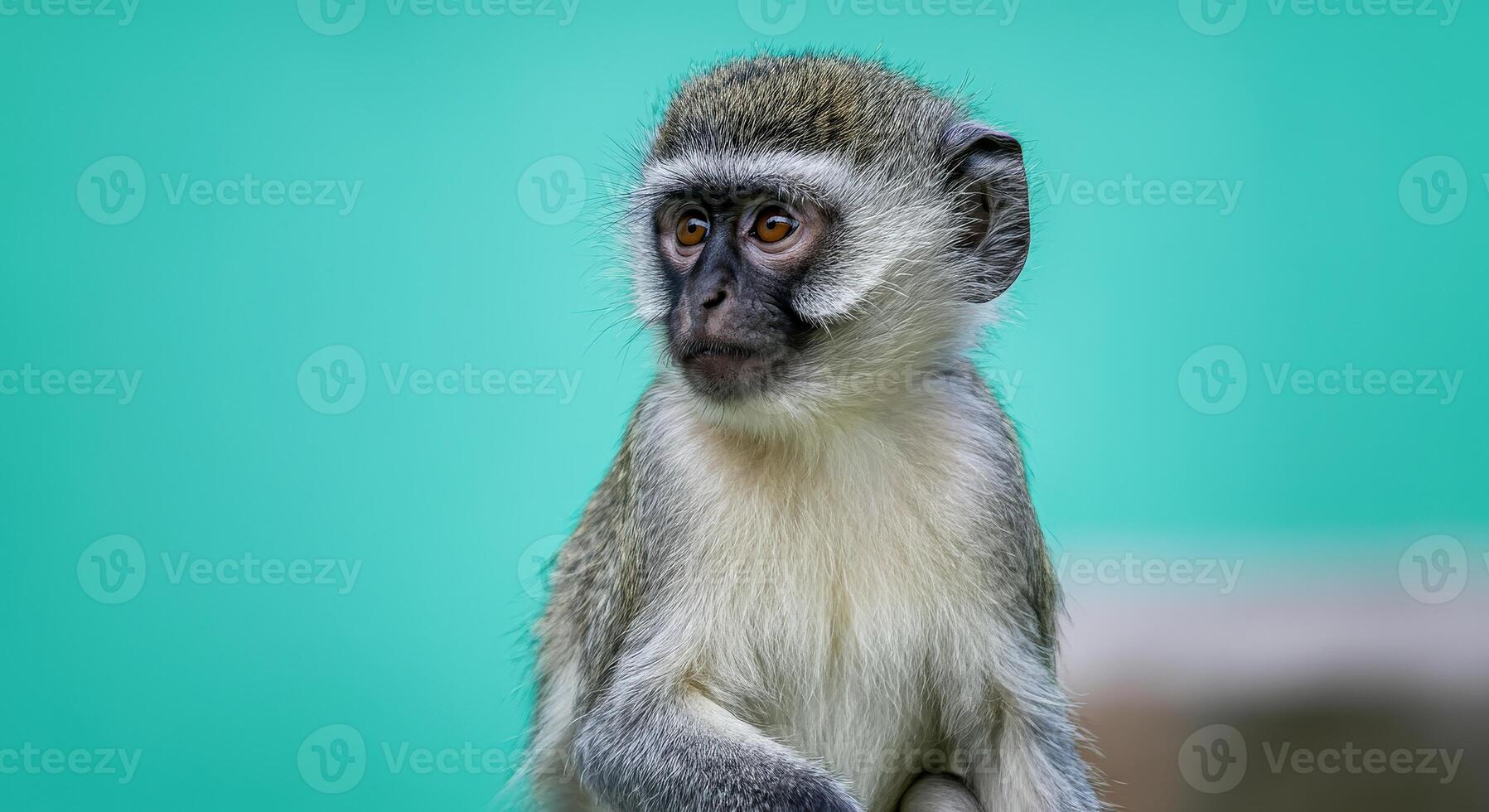 Charming vervet monkey portrait with vibrant green background photo