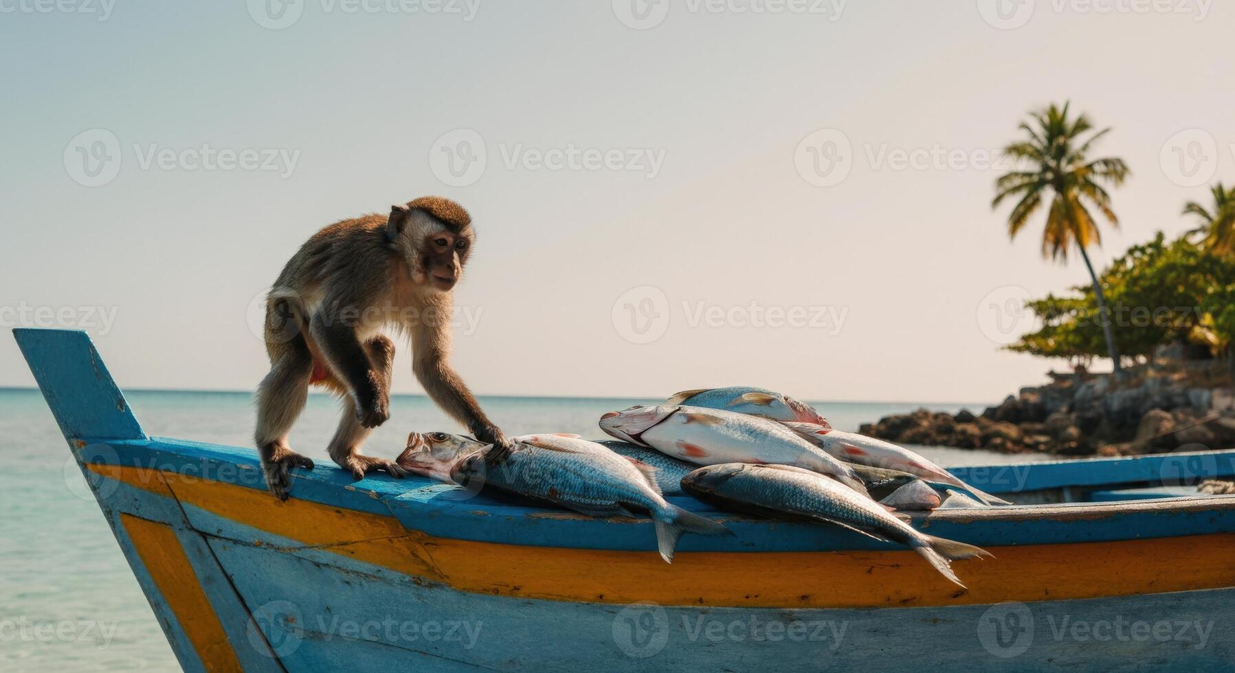 Tropical monkey with fresh fish on boat by seaside with palm tree photo