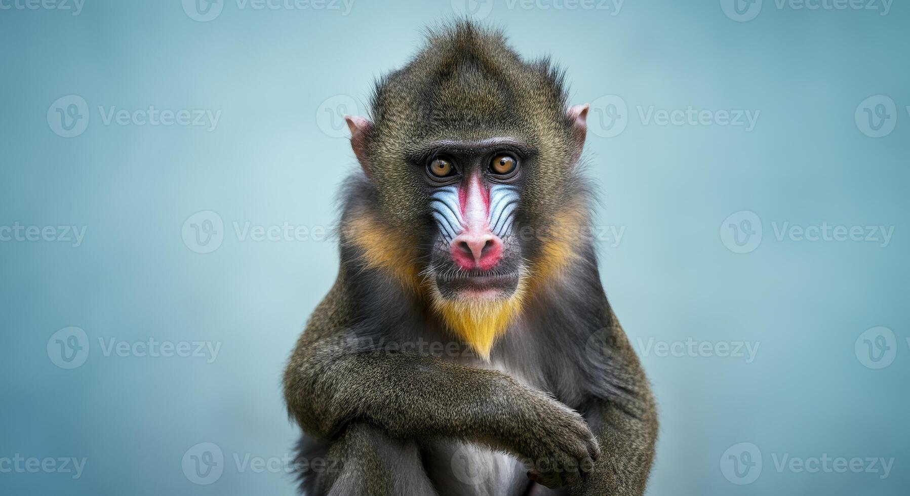 Captivating portrait of a mandrill monkey with vibrant facial markings in natural habitat photo