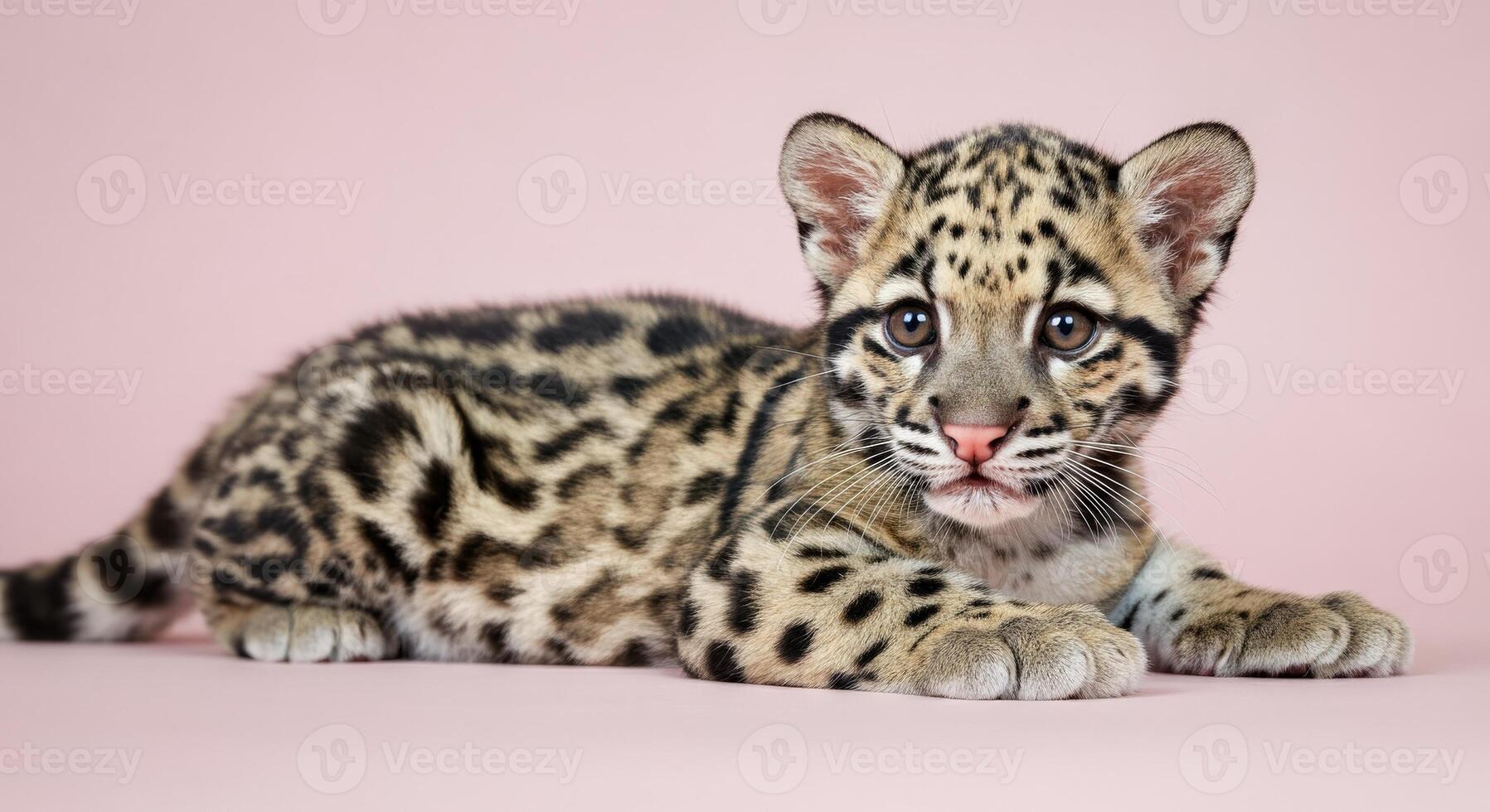 Adorable leopard cub resting on soft pink background for wildlife photography projects photo