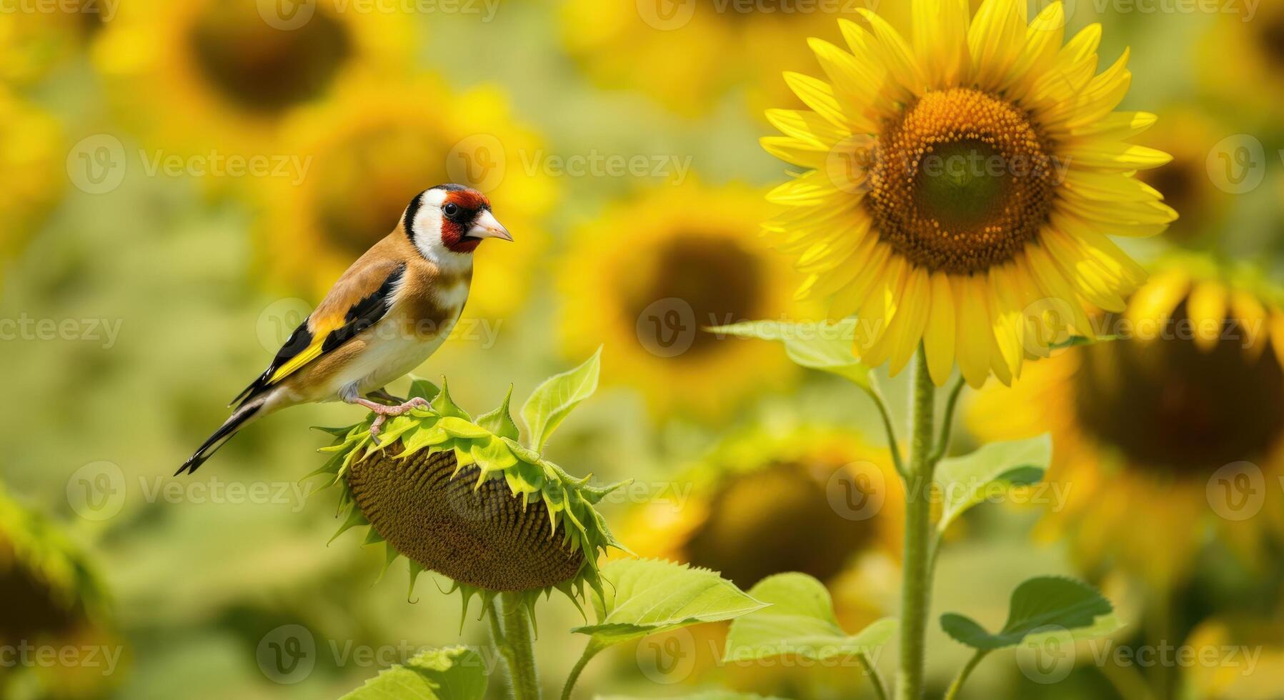 European goldfinch perched on sunflower amidst vibrant sunflower field photo