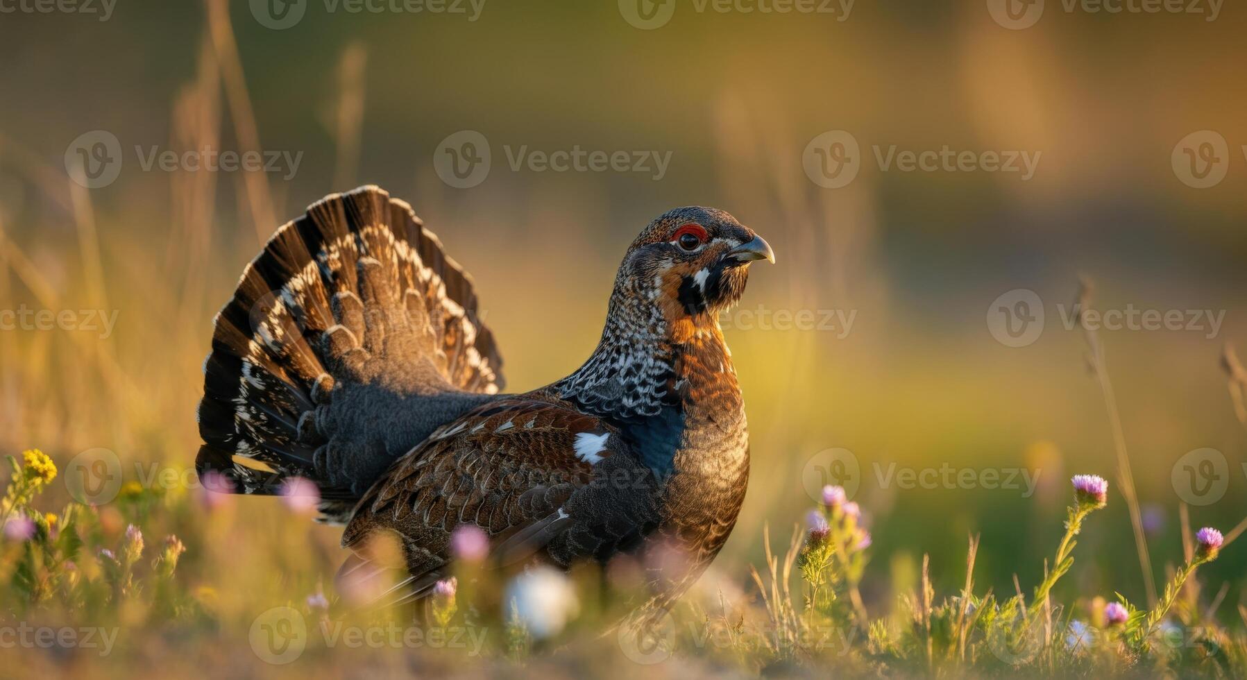 Majestic grouse in golden meadow at sunset photo