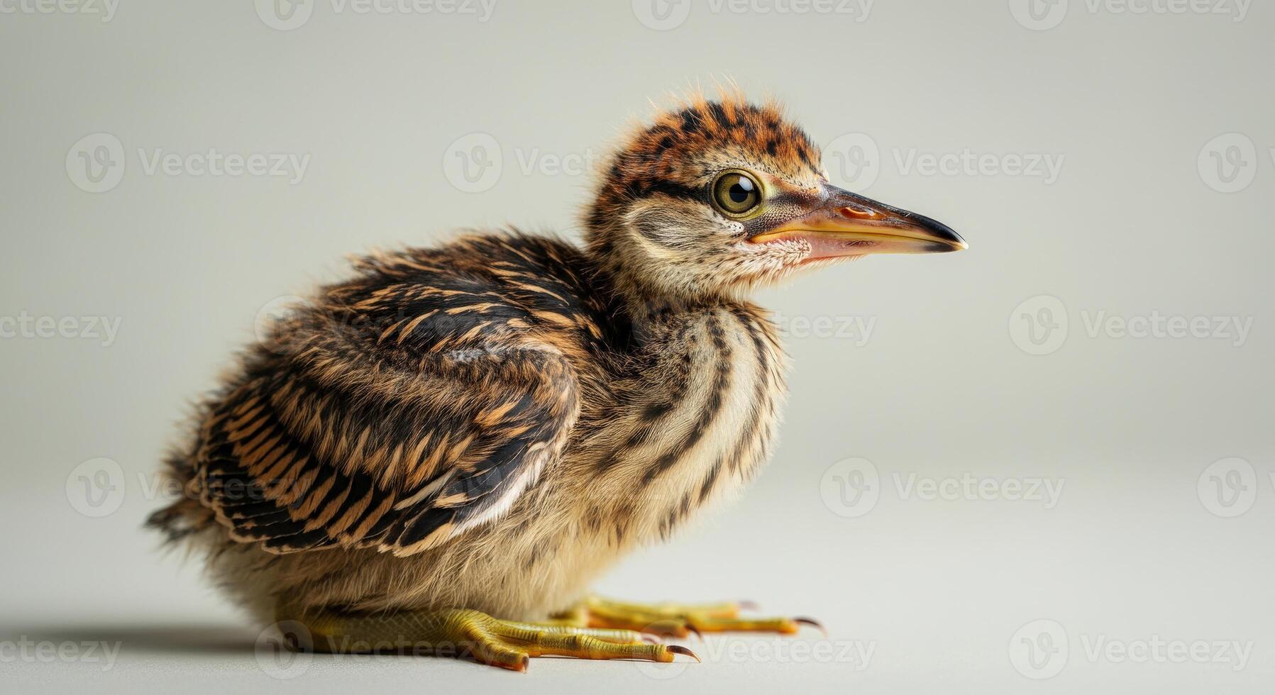 Adorable fuzzy baby bird with striped feathers in natural soft light photo
