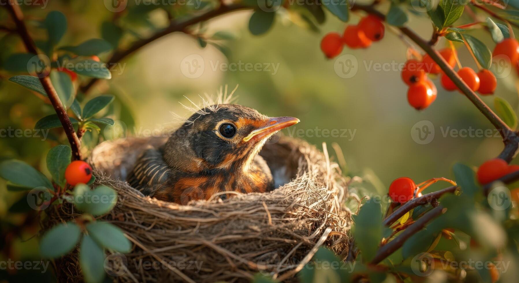 Young robin nestled in a natural nest amidst vibrant branches photo