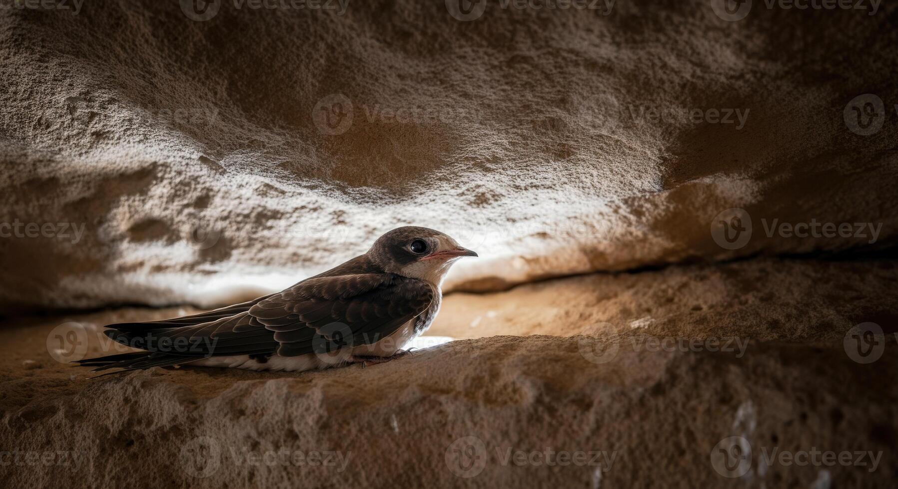 Young swallow at rest in natural cave sanctuary illuminated by sunlight photo