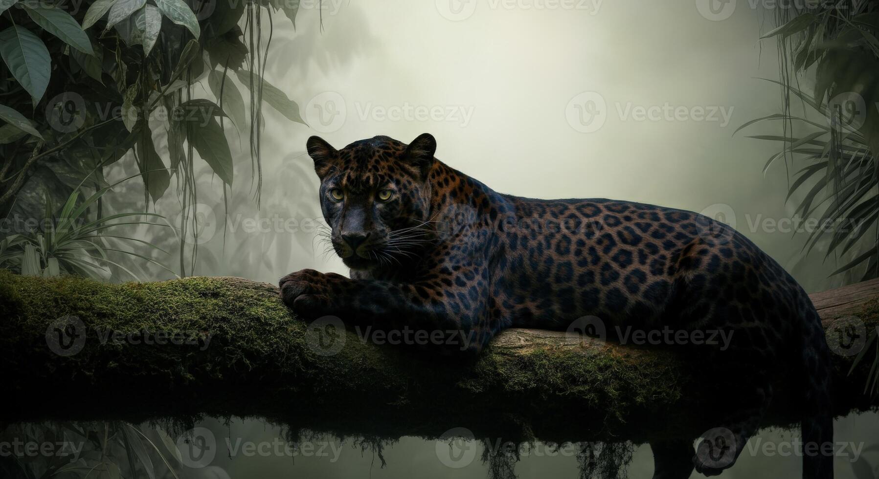 Enigmatic black panther resting on mossy tree in lush jungle environment photo