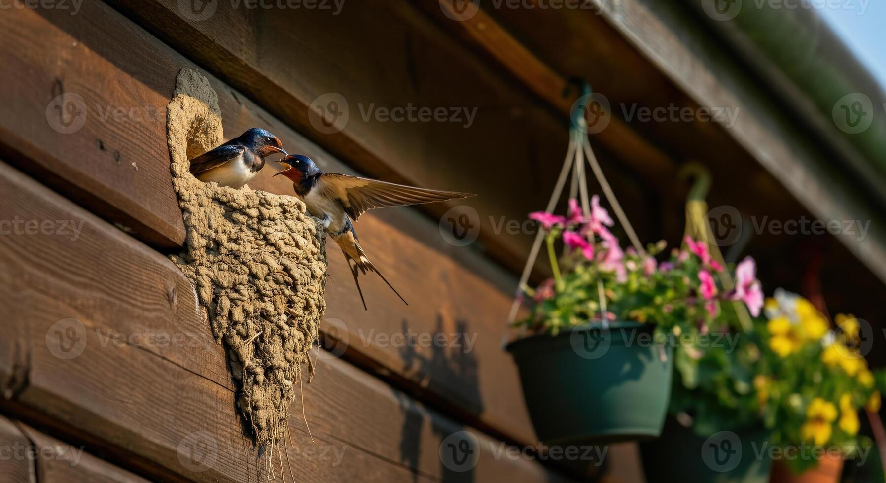 Swallows nesting on a wooden wall with hanging flower pots and natural lighting photo