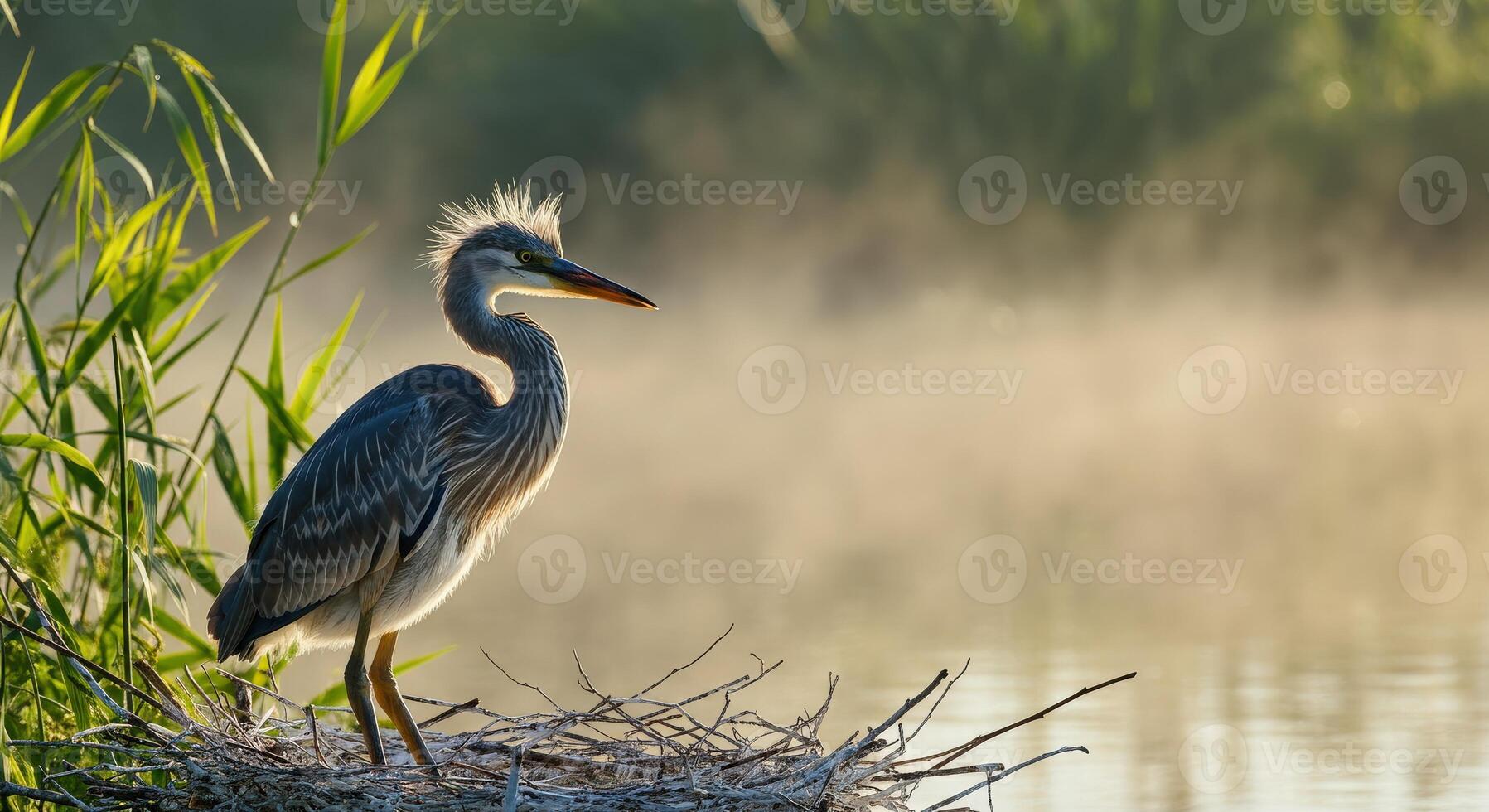 Tranquil heron on misty morning lake in lush wetland habitat photo