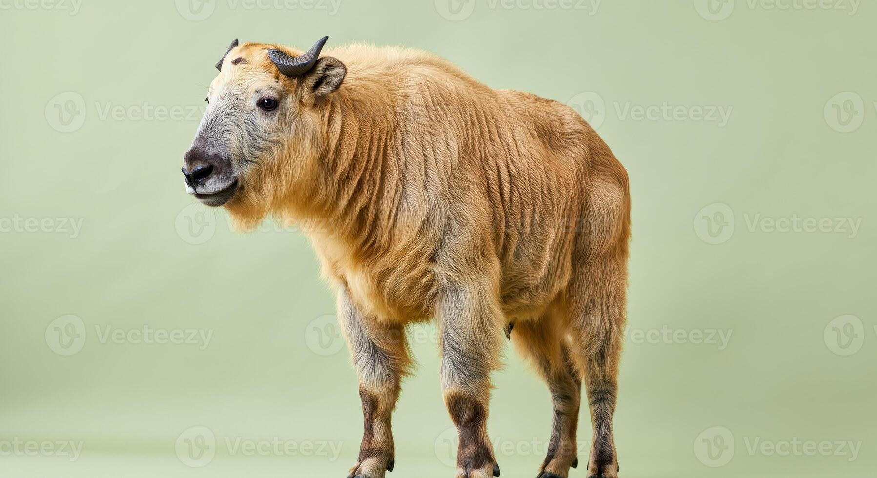 Majestic golden takin on soft green background for nature and wildlife themes photo