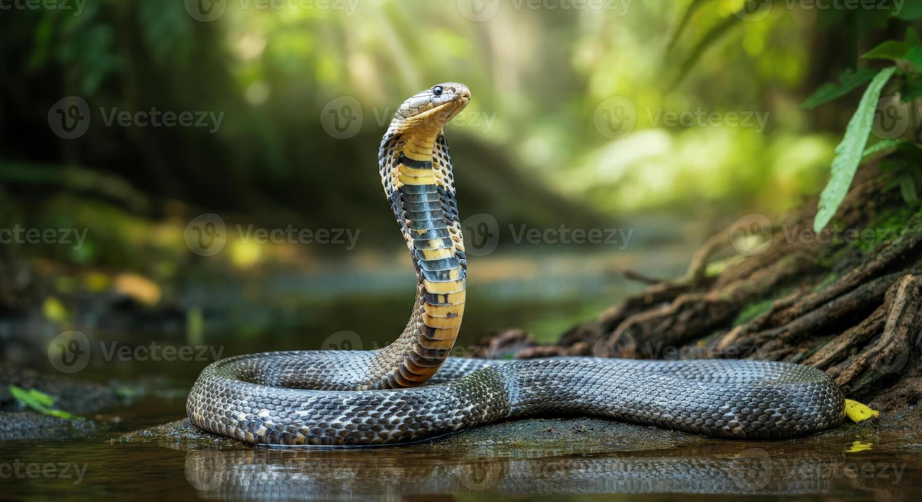Majestic cobra snake in lush jungle habitat displaying distinctive hood photo