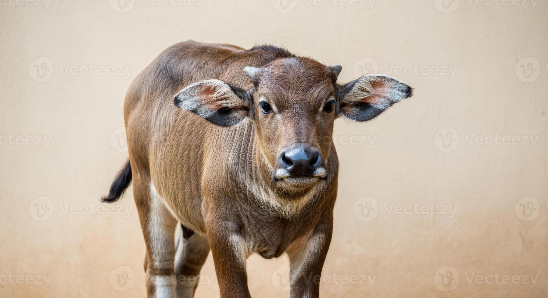 Curious calf with soft brown fur in natural outdoor setting photo