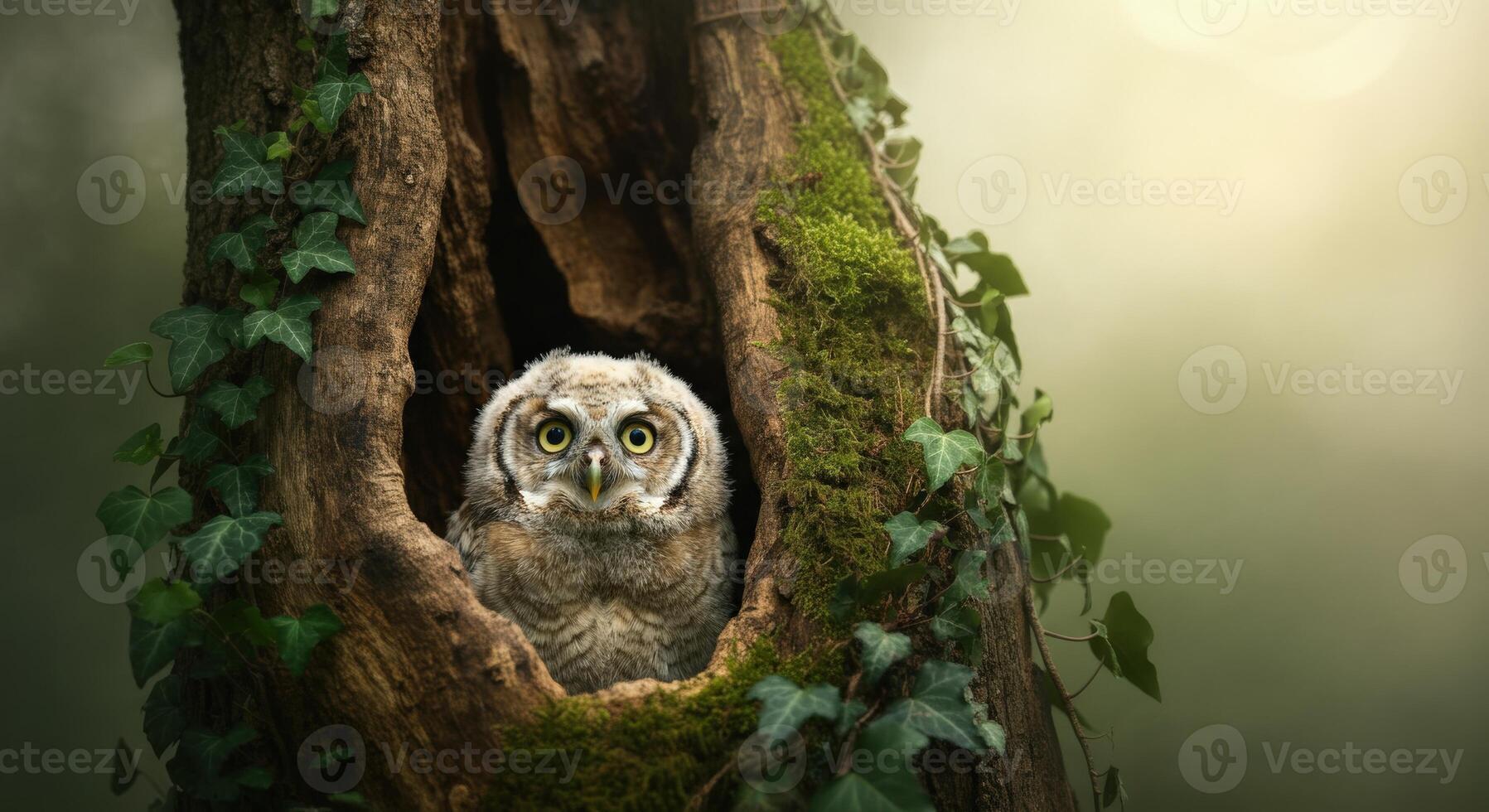 Young owl nestled in tree hollow surrounded by ivy and moss in serene forest setting photo