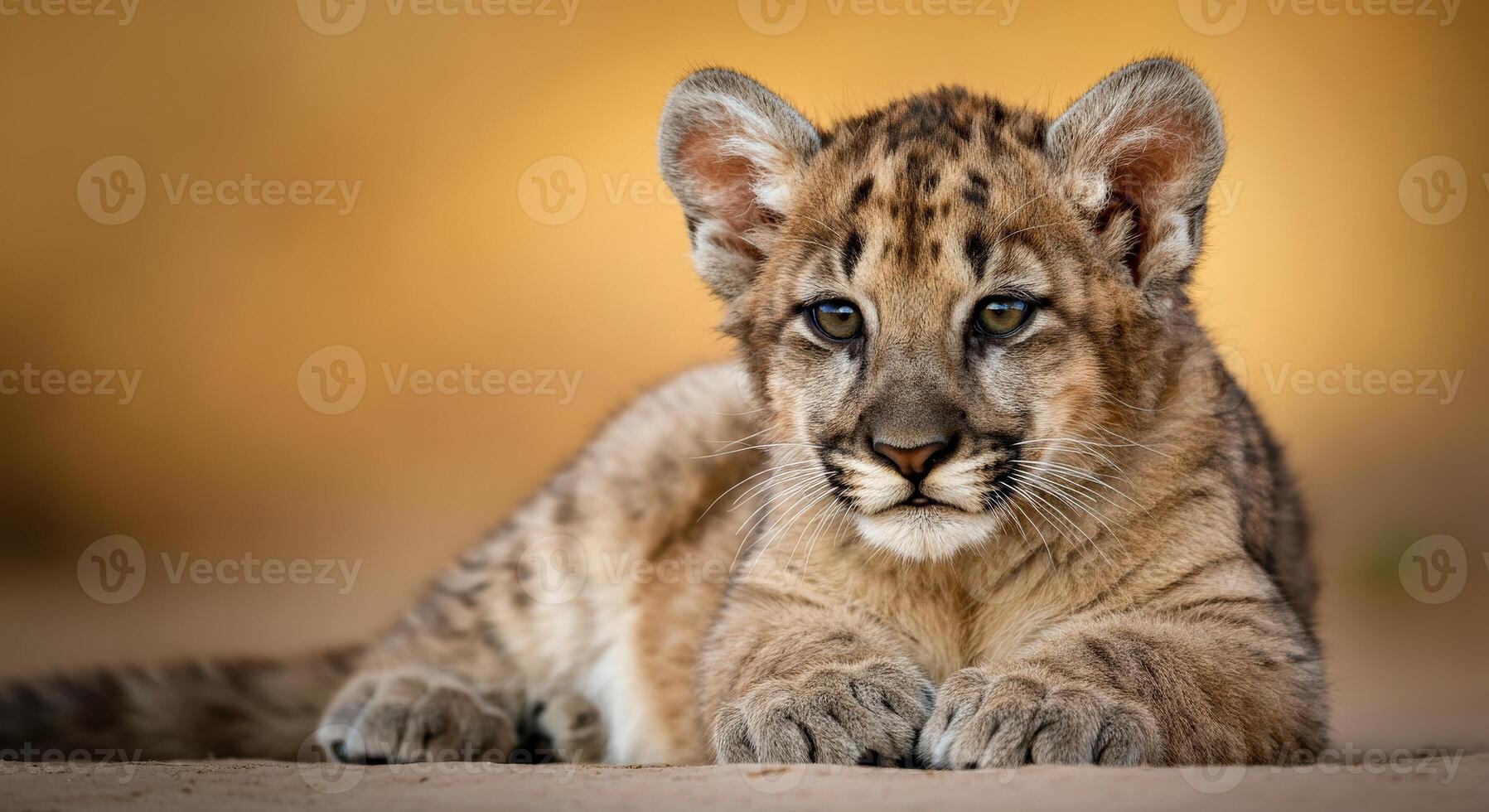 Adorable young lion cub resting on sandy ground with warm background photo