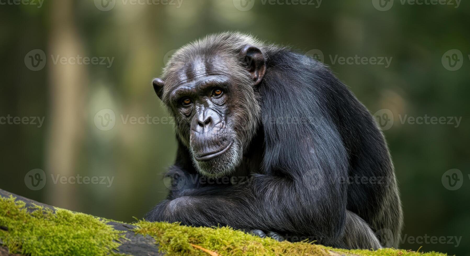 Thoughtful chimpanzee resting on moss-covered log in tranquil forest setting photo