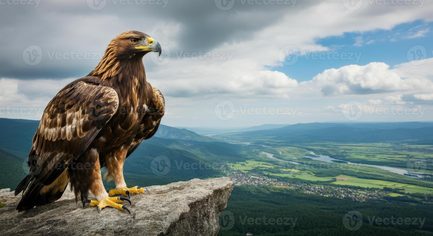 Majestic eagle perched on cliff overlooking vast valley landscape on a sunny day photo