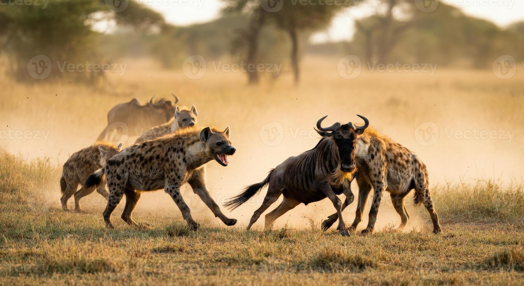 Hyenas and wildebeest confrontation in african savannah wildlife scene photo