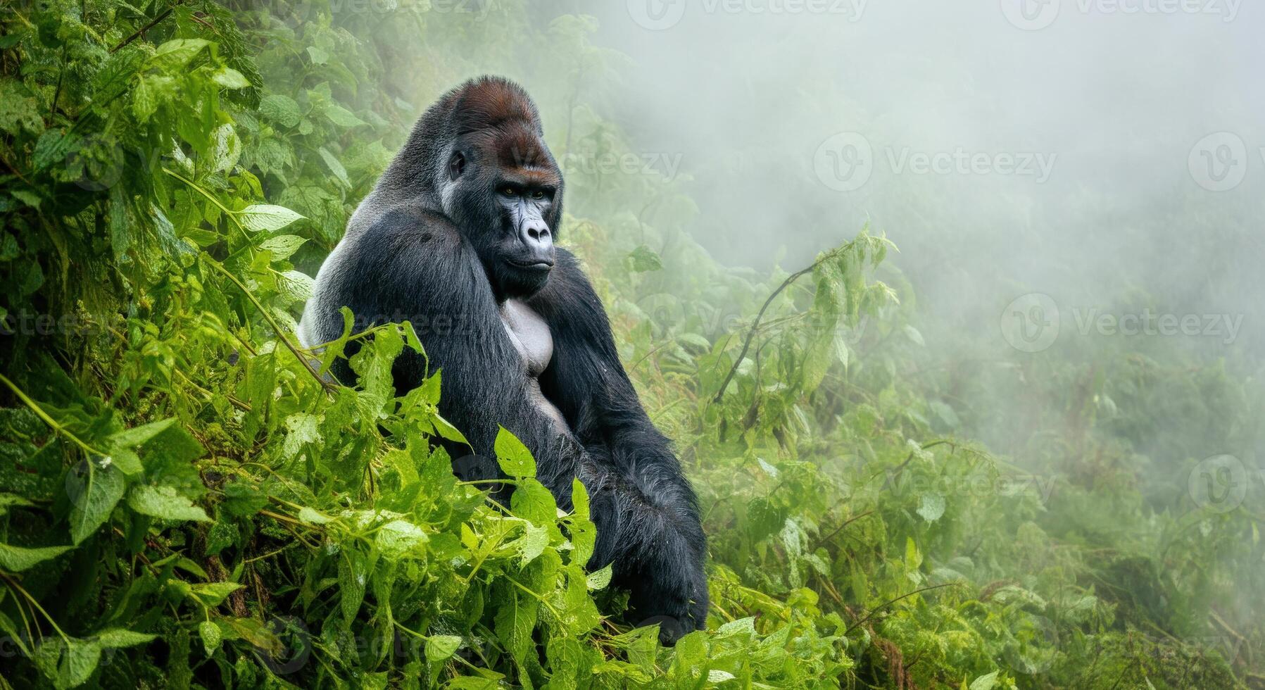 Majestic gorilla resting amidst lush vegetation in misty jungle environment photo