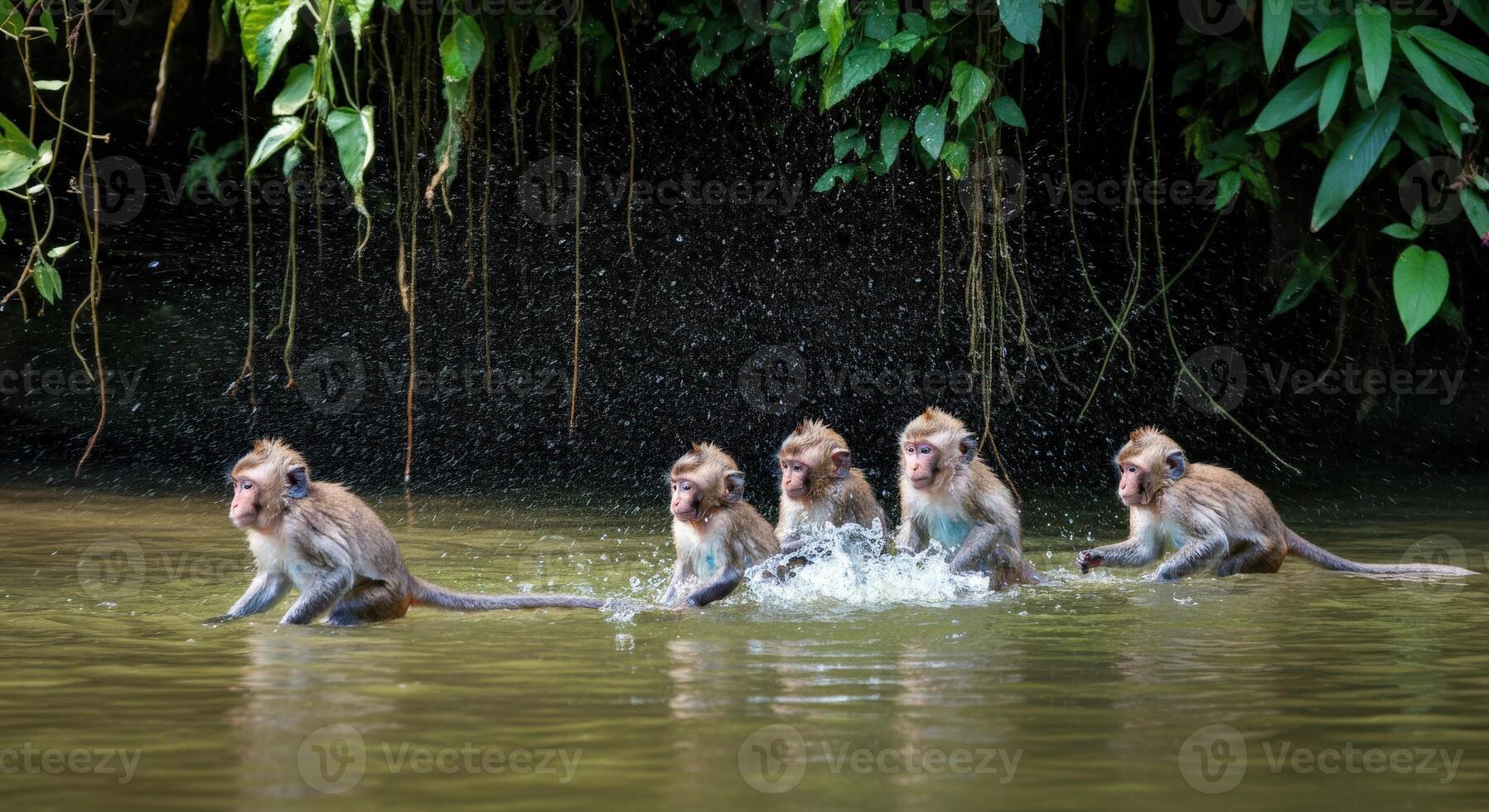Playful monkeys splashing in a tropical river surrounded by lush greenery photo
