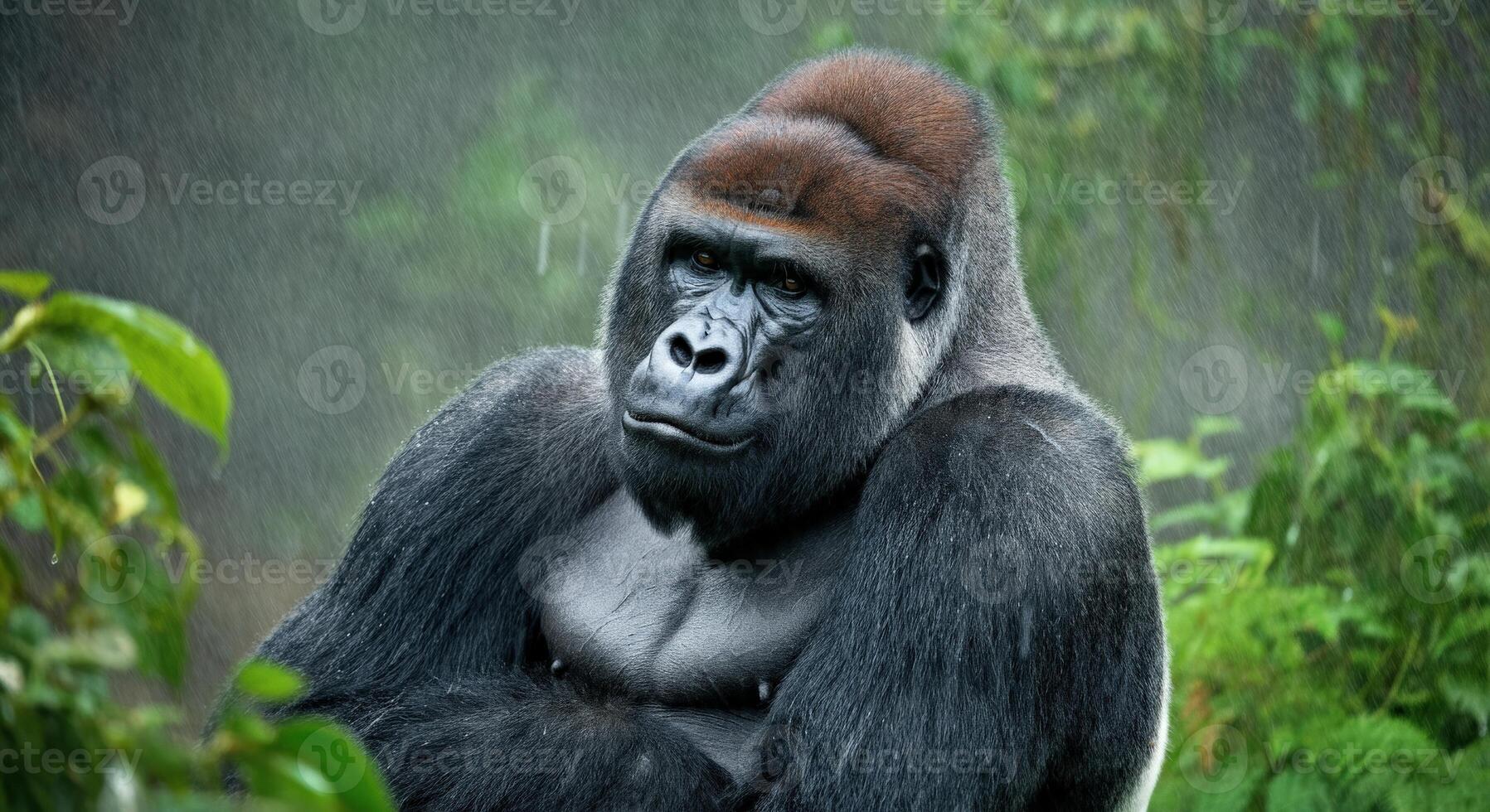 Majestic gorilla in rainforest setting highlighting wildlife and nature conservation photo