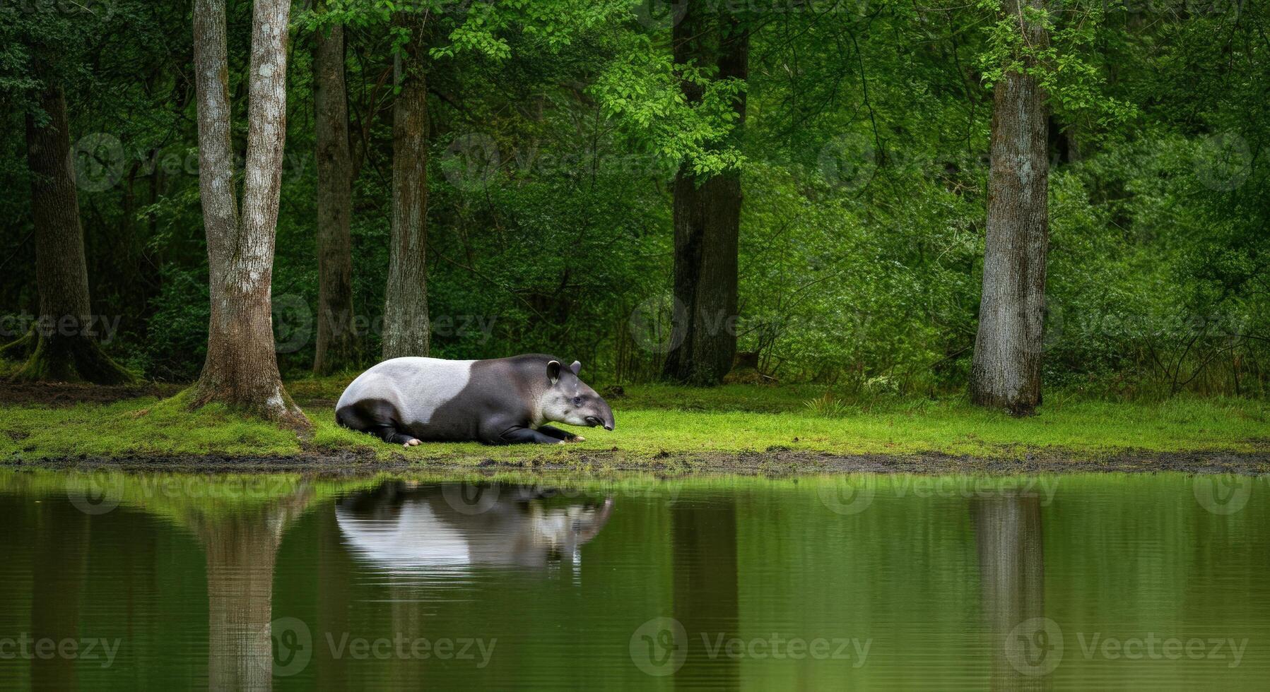 Tranquil tapir resting by a serene forest lake photo