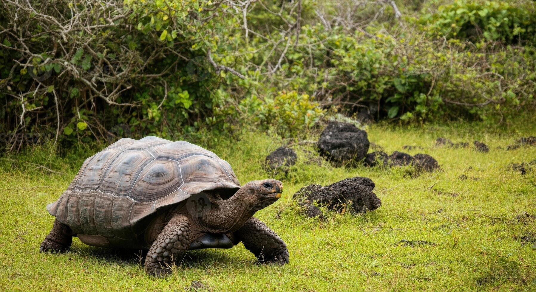 Majestic galapagos tortoise in natural habitat amidst lush greenery photo