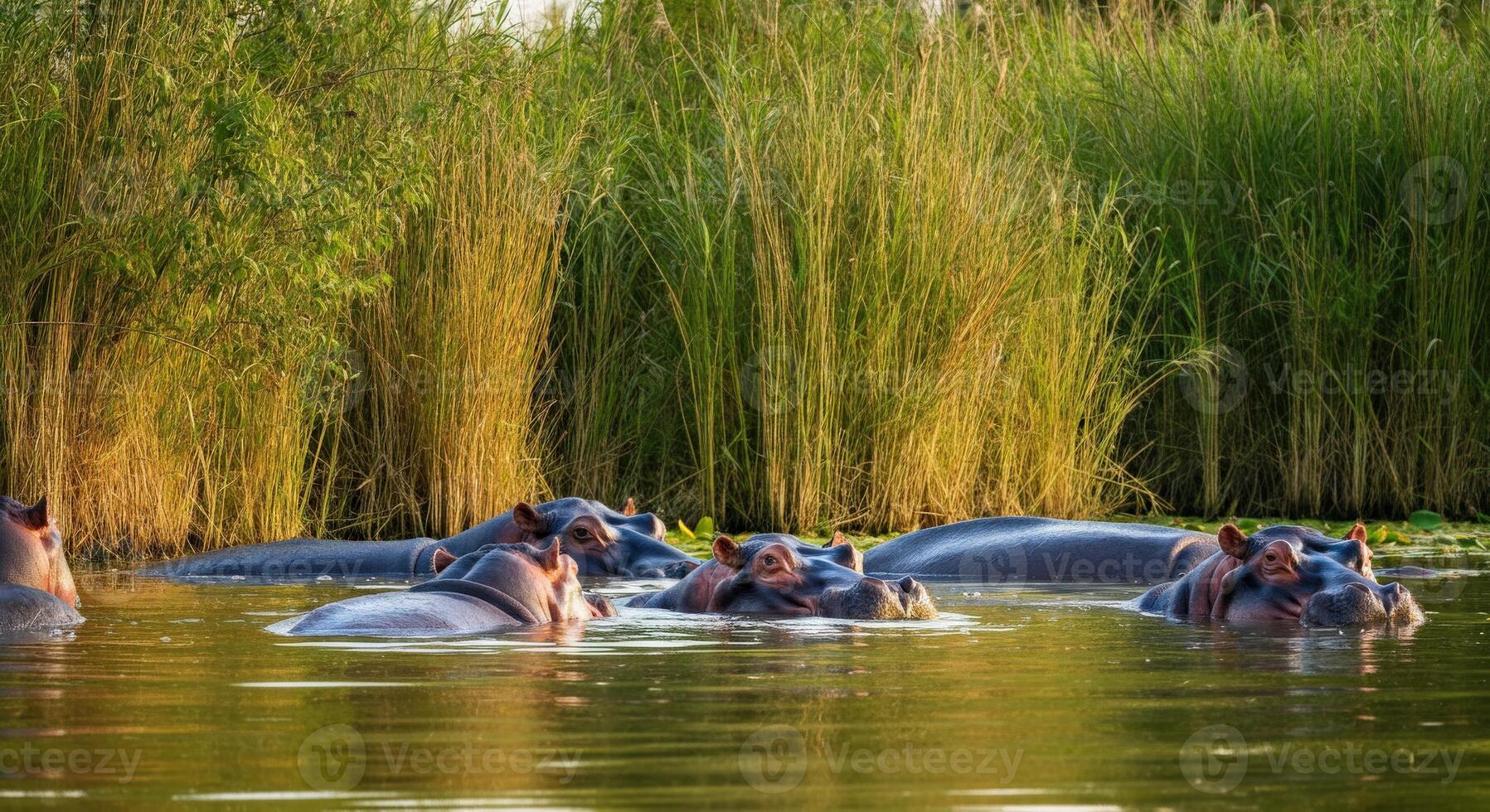 Tranquil hippos in lush wetland habitat at dusk photo