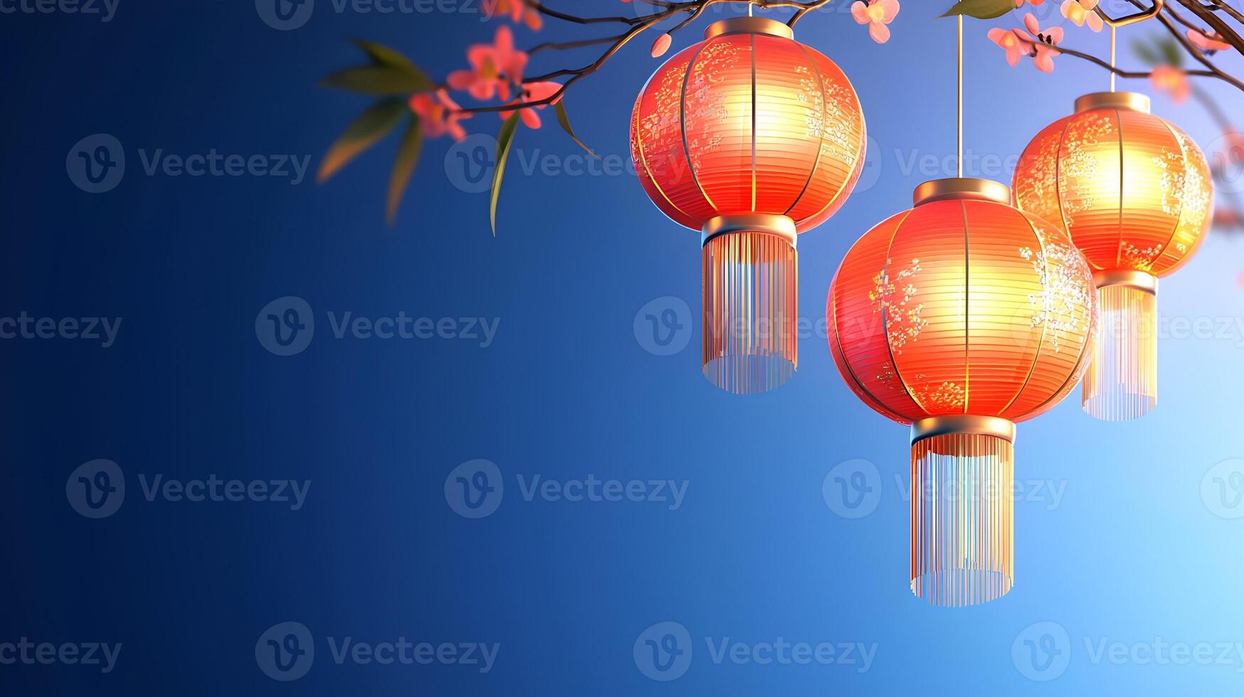 Three red lanterns hanging from a tree photo