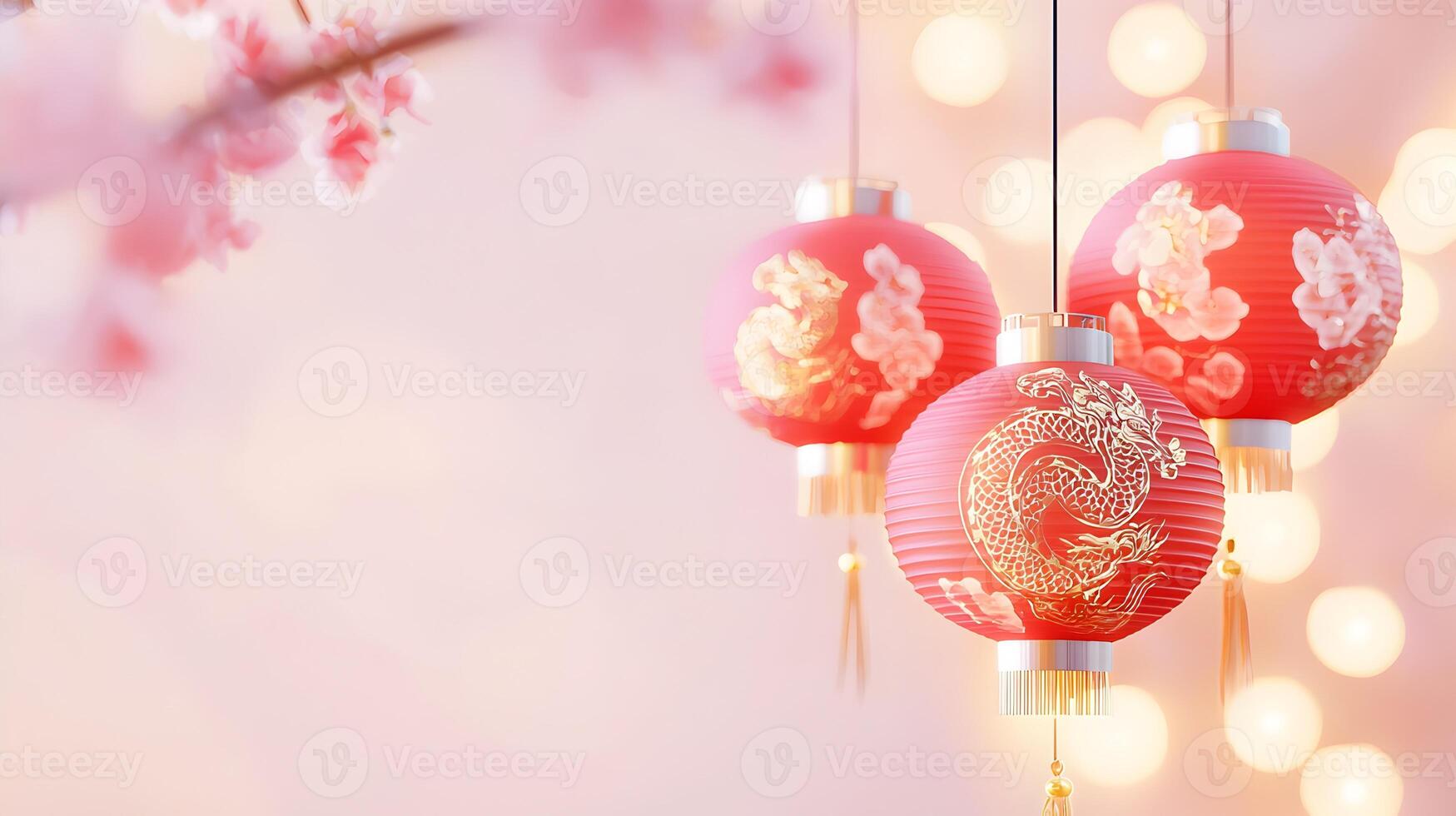 Three red lanterns with gold designs hanging from a tree photo