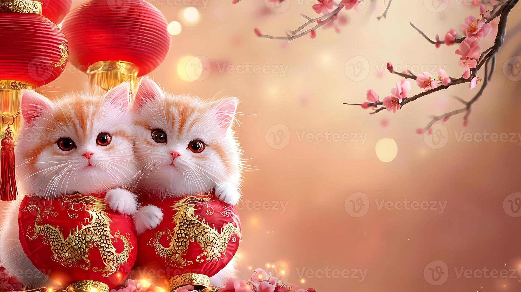 Three red lanterns with gold designs hanging from a tree photo