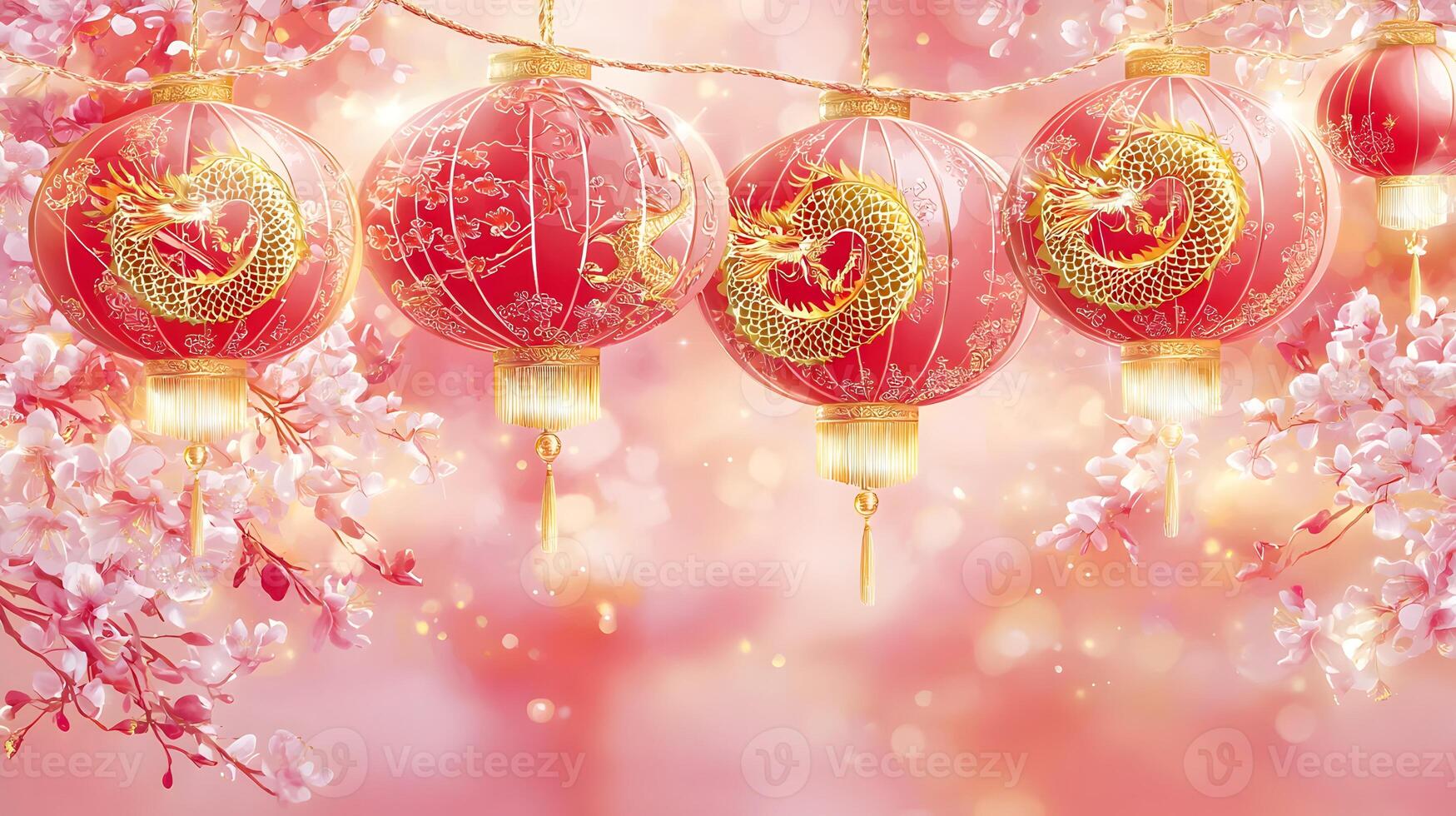 Three red lanterns with gold designs hanging from a tree photo