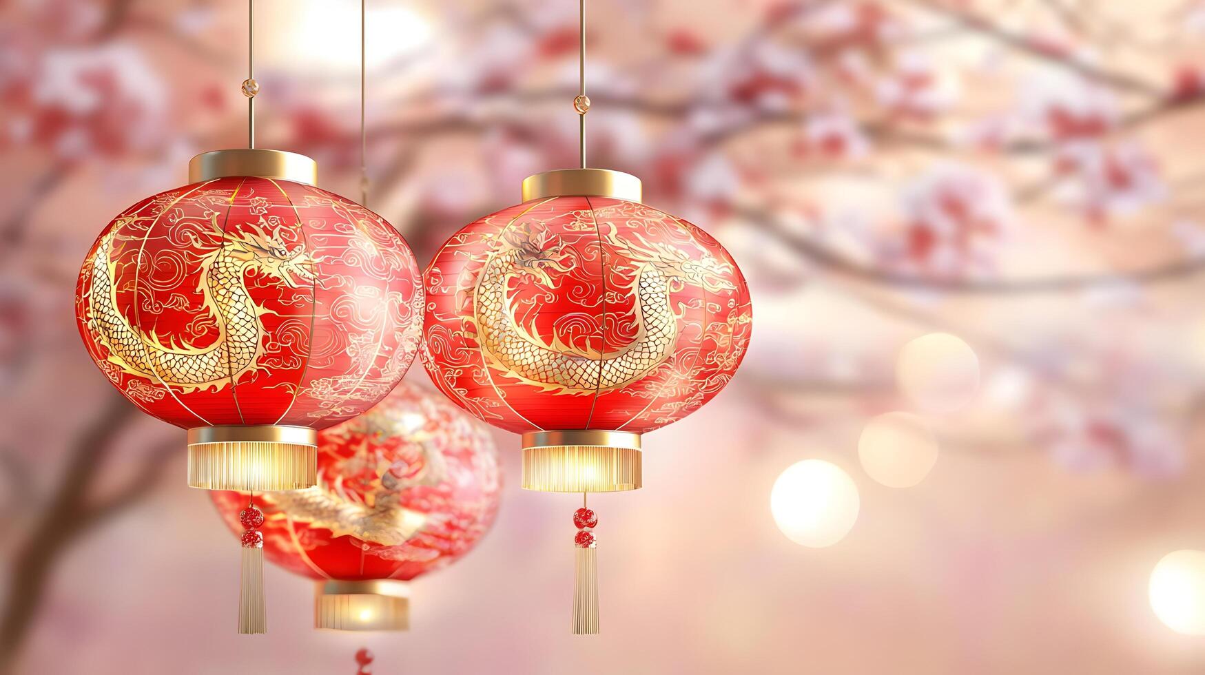 Three red lanterns with gold designs hanging from a tree photo