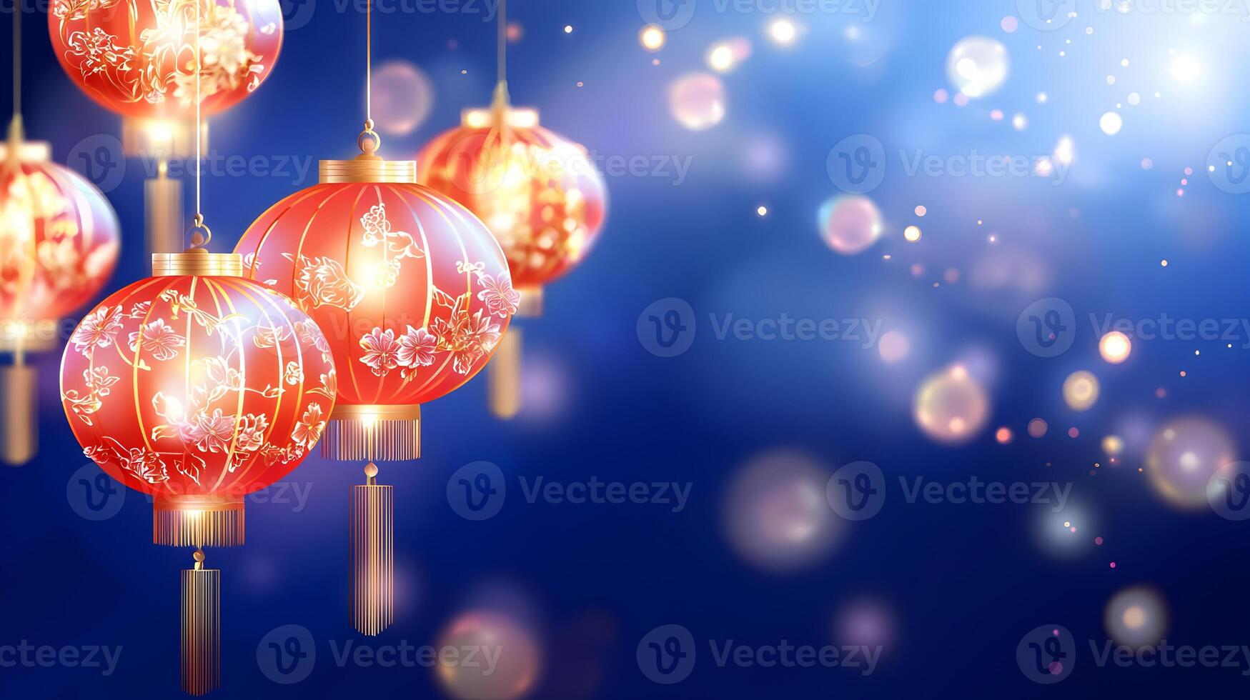 Three red lanterns hanging from a blue background photo