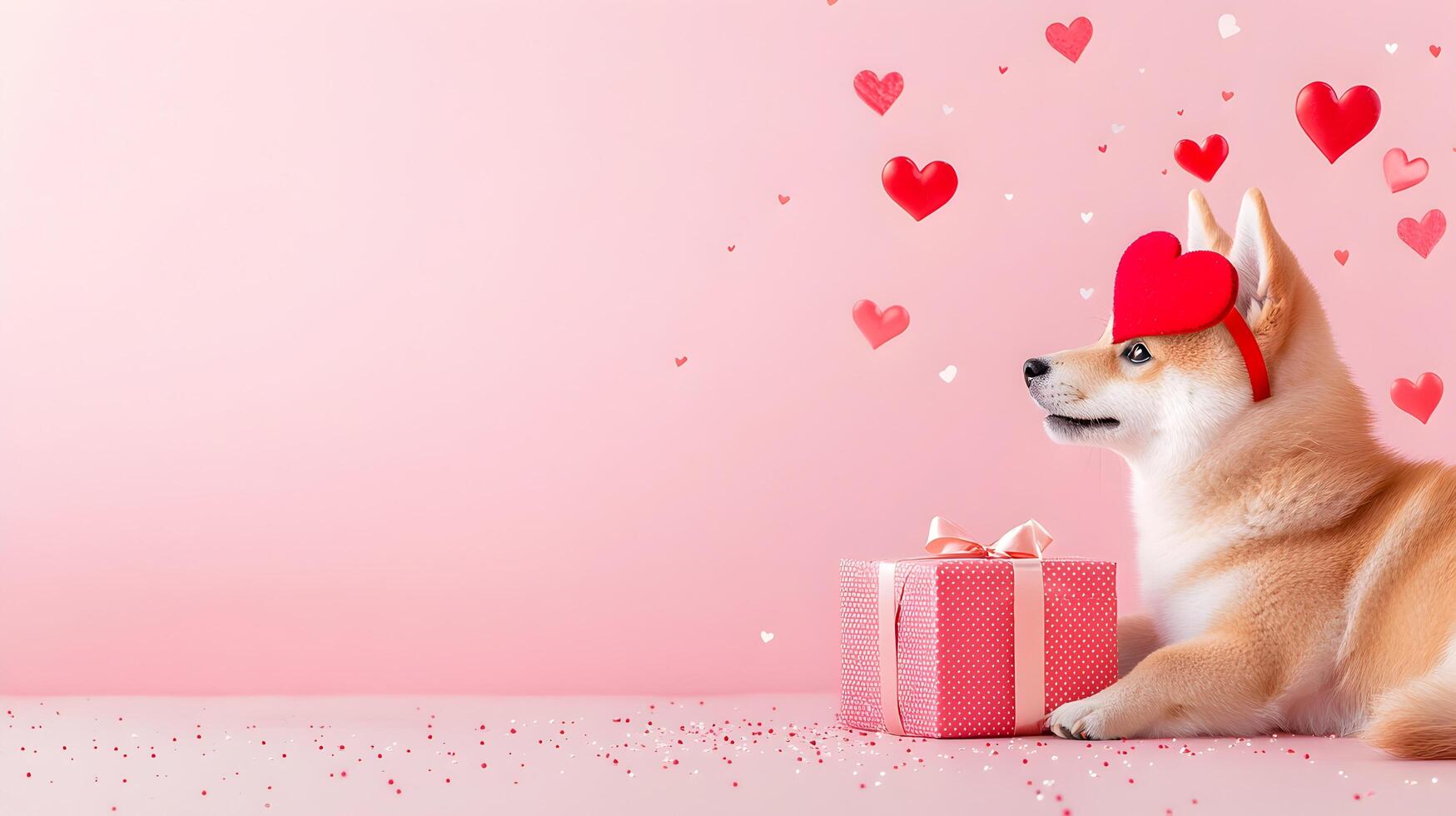 A dog wearing a pink hat and a pink box photo