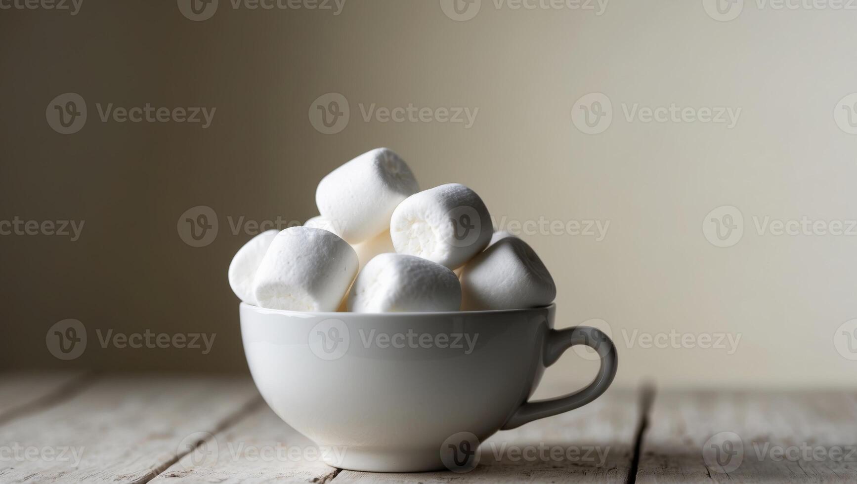 A cup filled with marshmallows on a table. photo