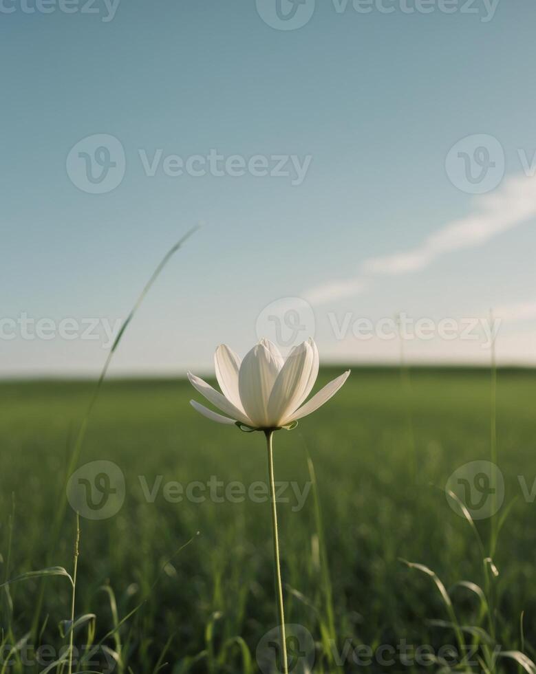 A single open flower in the center of a field. photo