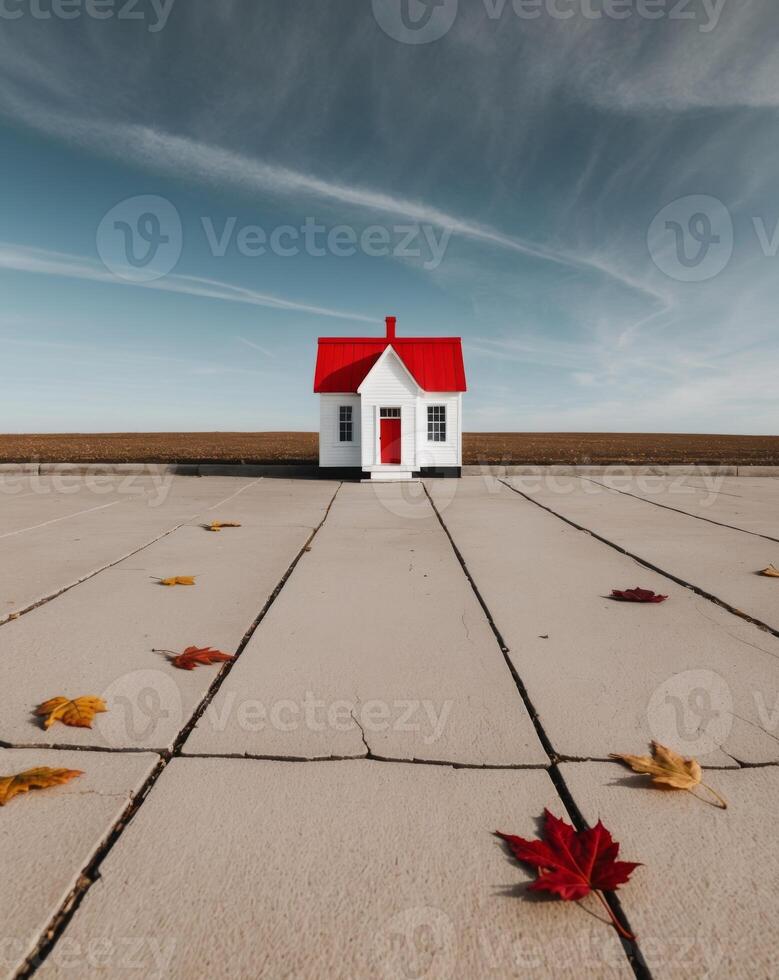 A small white house with a red roof is sitting on a sidewalk. photo