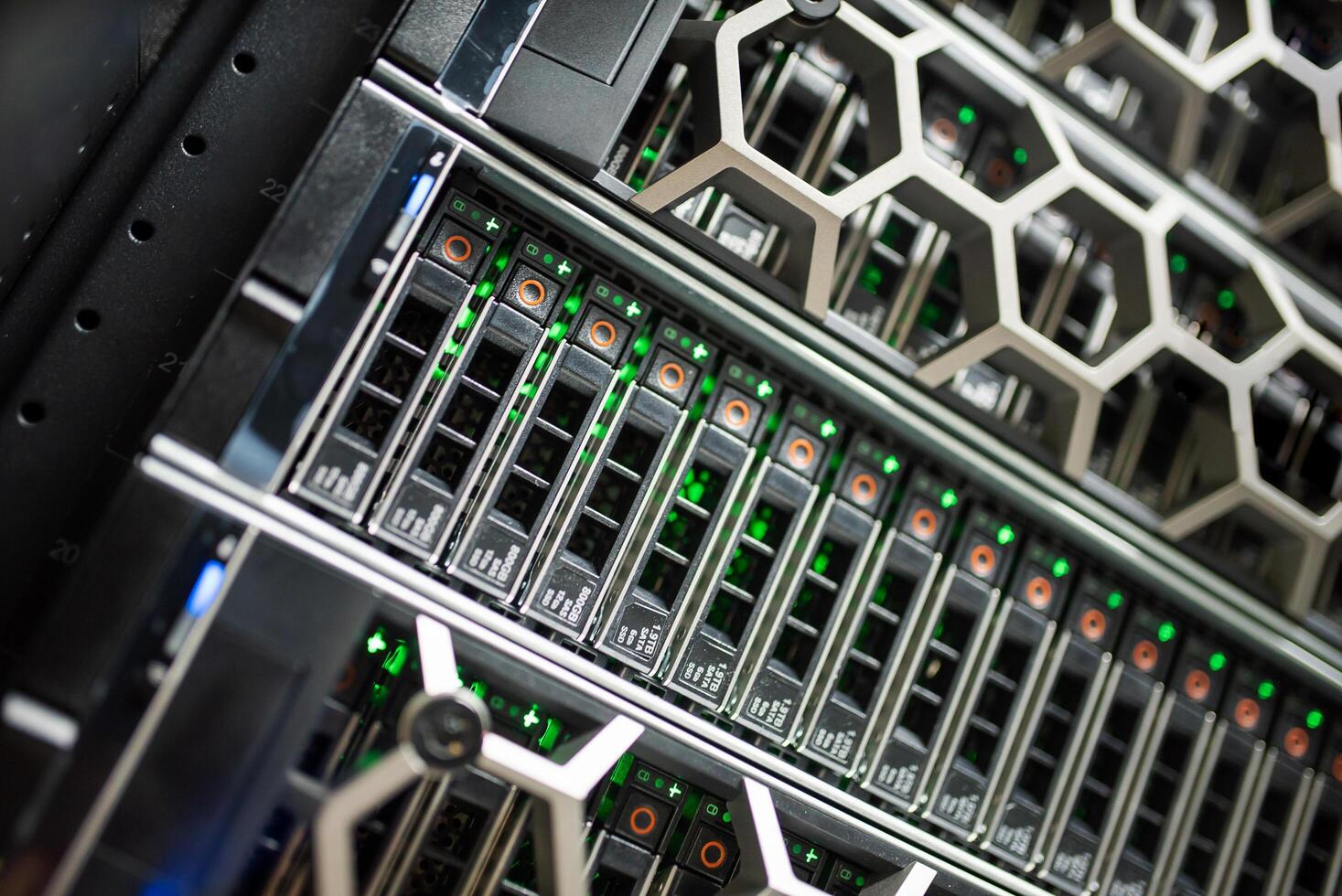 The server room tells the computer server that is working continuously. Convey the power and progress photo