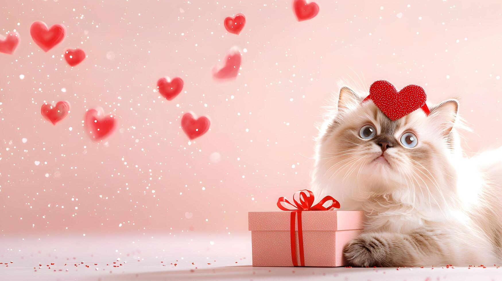 A cat is laying on a table with a pink box in front of it photo