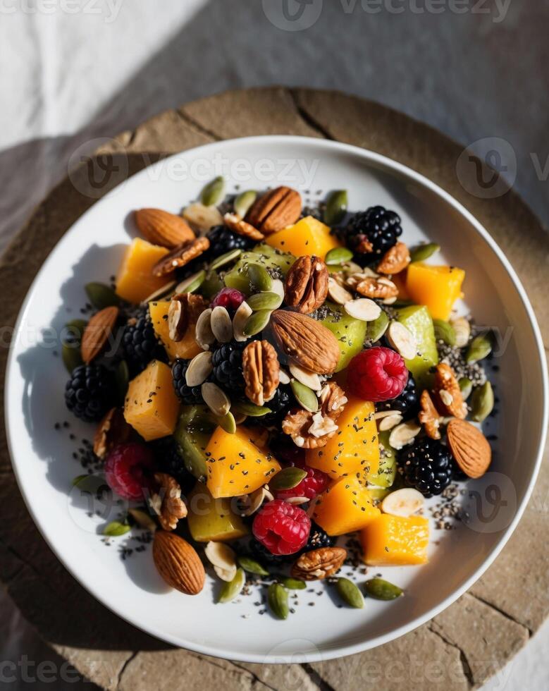 Captivating Shots of Fruit Salads with Nuts and Seeds for Adding Crunch and Nutritional Value. photo
