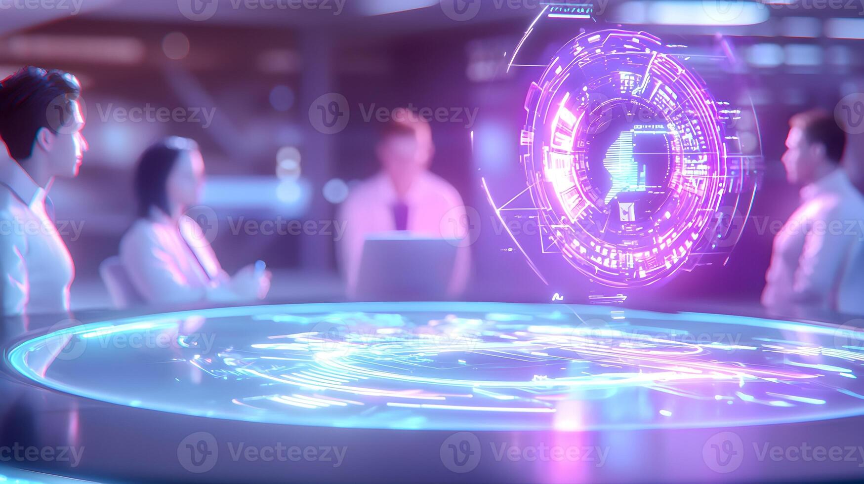 A computer screen shows three people in a futuristic setting photo